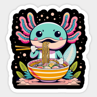 Cute Axolotl Eating Ramen Chibi Anime Manga Colorful Design Sticker